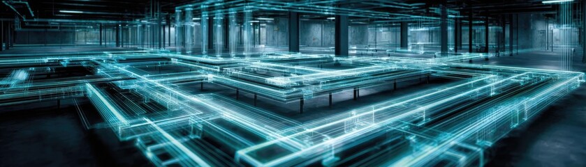 3D blueprint of HVAC network design concept. Futuristic industrial design with neon digital pathways.