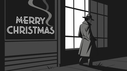 Merry christmas detective noir scene vector illustration holiday season greeting card design template