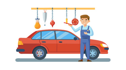 Automotive repair shop mechanic inspects car parts for maintenance and service in cartoon vector illustration
