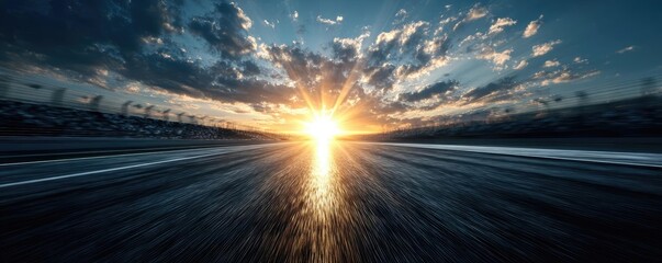 Race begins with green light on blurred racetrack concept. Vibrant sunrise over an open road with dramatic clouds above.
