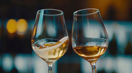 Two glasses of white wine, one swirling, with an elegant, blurred background.