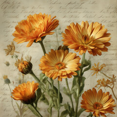 Fototapeta premium Vintage Botanical Flowers: Yellow and Orange Petals in a Textured, Artistic Still Life Background for Nature-Inspired Home Decor and Creative Designs