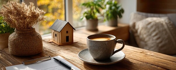Contract signing with house model concept. Cozy coffee scene with plant, house model, and notepad on table.