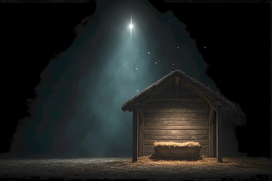 An empty manger in Bethlehem beneath a bright shining star, all against an isolated dark background