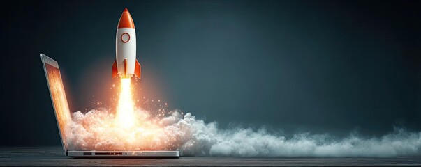 Rocket launching from laptop for startup success concept. A rocket launching from a laptop, symbolizing innovation and progress.