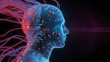 Futuristic AI head with glowing circuits and neural network connections for digital innovation concepts