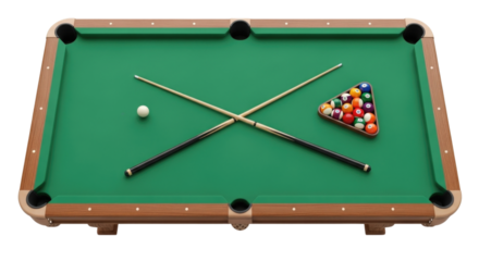 Billiard table with cues and balls transparent background cutout png