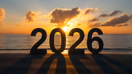 Looking forward to a bright 2026, the sun sets on a stunning ocean beach horizon with calm water