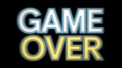 Neon Game Over sign with white and yellow letters against black, perfect for retro arcade game marketing