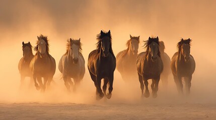 Seven horses galloping at sunrise for wealth and happiness concept. A herd of wild horses galloping through dusty terrain at sunset.