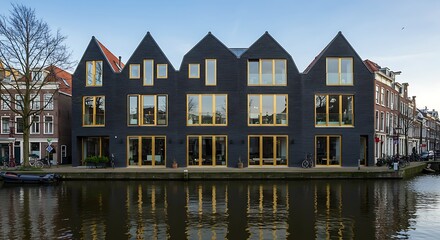 Dutch modern canal house, black brick facade, asymmetrical gold-framed windows, sleek design integrated with historic street