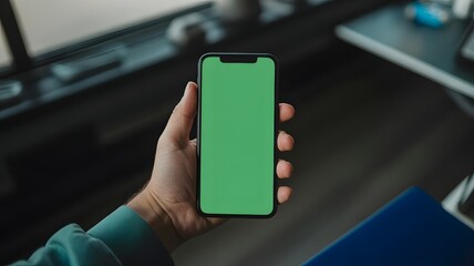 Modern smartphone with vibrant green screen held by professional worker for easy app replacement