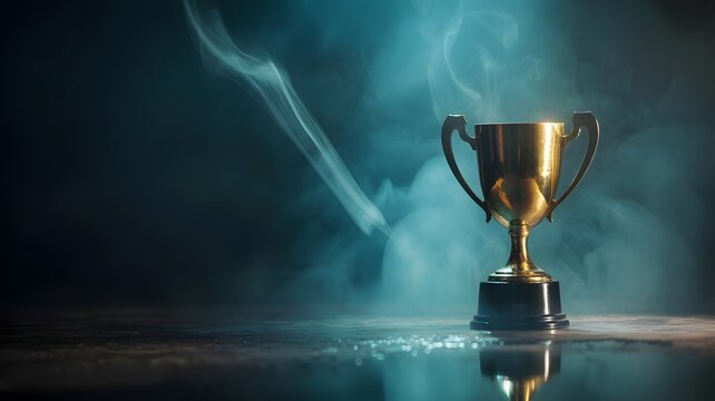 Celebrate victory with this stunning gold trophy against a moody, atmospheric backdrop of smoke and dramatic lighting