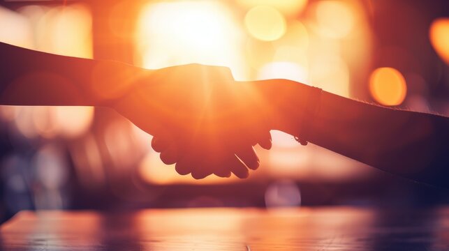 Silhouetted handshake in golden light, representing agreement, partnership, and collaboration with warm bokeh - Powered by Adobe