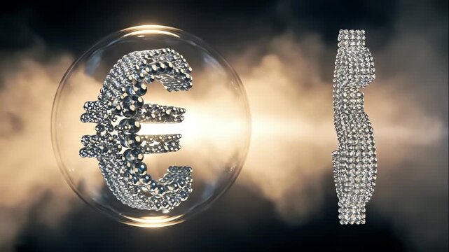 Elegant depiction of wealth indicators, dollar and euro symbols reflecting economic prosperity and unrest, sumptuous spheres with currency emblems symbolize financial growth amid market uncertainties