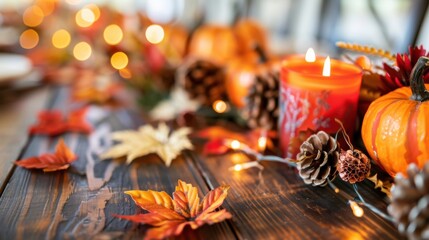 Rustic Autumn Table Decor with Pumpkins, Pinecones, Leaves & Candles. Cozy Fall Holiday Background.