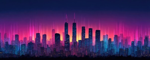 City skyline with market graph concept. A vibrant city skyline illuminated by colorful lights at dusk.