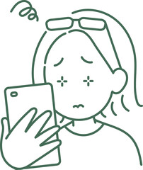 老眼でスマートフォンの画面が見づらい40代女性のイラスト　線画のみ