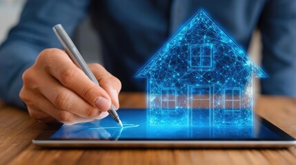 Contract signing with house model concept. A hand drawing a digital house design on a tablet screen.