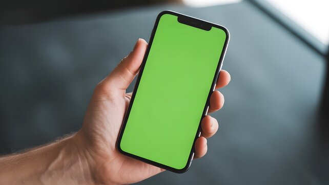 Modern smartphone with green screen held in hand, perfect for app promotions or mobile tech mockups