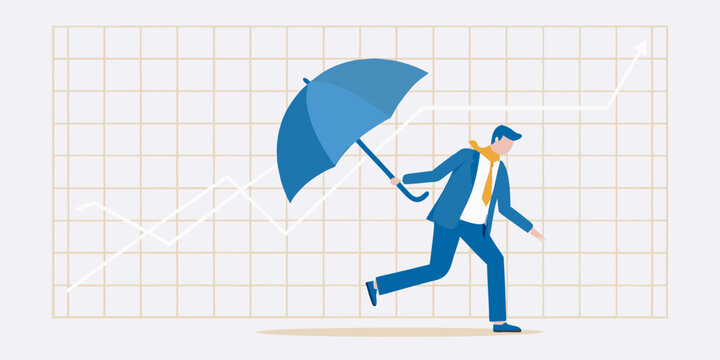 Businessman with umbrella navigating upward financial trend
