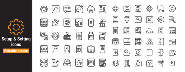 Setup and setting line icons collection, configuration, tools, preferences, system settings symbols