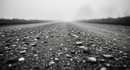 A low-angle, black and white photograph of a gravel road disappearing into the fog.