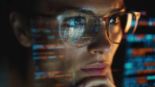 Software coding hologram and woman on tablet. - Powered by Adobe