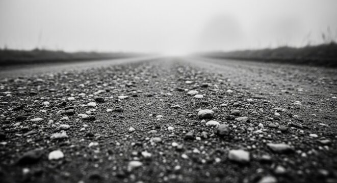 A low-angle, black and white photograph of a gravel road disappearing into the fog.