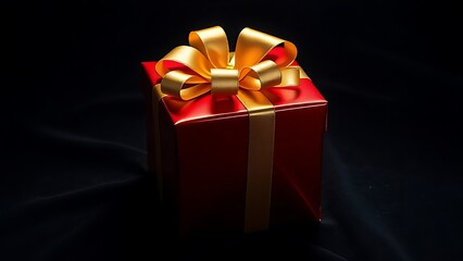 Luxurious red gift box with golden ribbon on a dark velvet background.