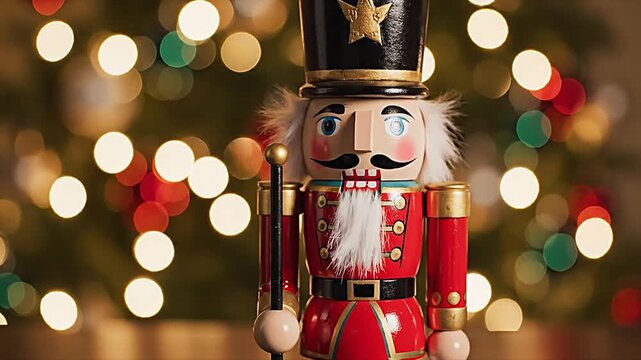A classic wooden nutcracker soldier Christmas decoration stands in front of a festive tree with bokeh lights.