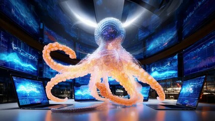 A vibrant, futuristic octopus interacts with multiple holographic screens in a high-tech environment, blending biology and technology in a surreal digital realm of data exploration and manipulation.
