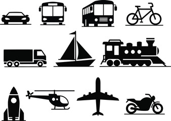 Transportation icons featuring a car, bus, bicycle, truck, sailboat, train, rocket, helicopter, airplane, and motorcycle
