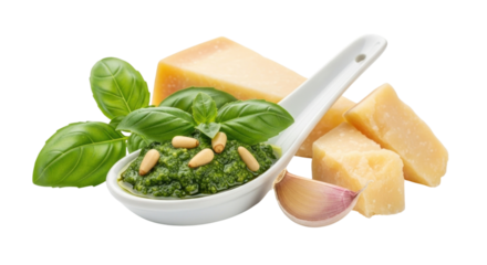 Fresh pesto with basil pine nuts parmesan cheese and garlic on a spoon transparent background cutout png