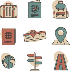 Travel essentials suitcase, passport, backpack, ticket, map, globe, signpost, and road