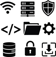 A collection of black glyph icons representing various technology and software concepts