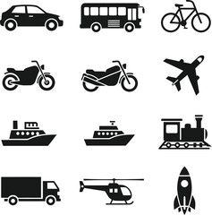 Transportation icons depicting various modes of transport, including car, bus, bicycle, motorcycle, airplane, ship, train, truck, helicopter, rocket