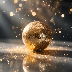 Glittery golden ball with reflection on surface and sparkling background
