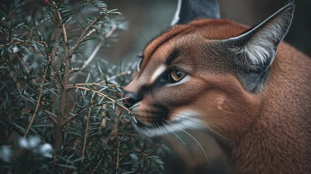 A cat is looking at the camera. It has a black nose and a black mouth. The cat is brown and white. Caracal sniffing winter greenery, subtle holiday tone