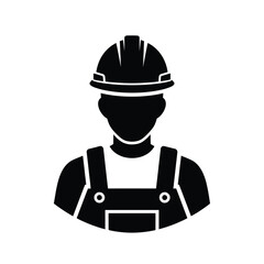 Black icon of a construction worker silhouette wearing a hard hat and overalls, isolated on a white background, representing labor and industry.