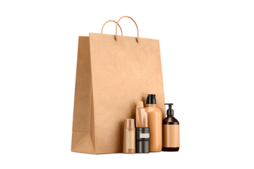 Brown paper shopping bag with small bottles of beauty products and cosmetics