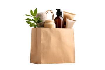 Brown paper shopping bag filled with natural organic skincare products and fresh green leaves