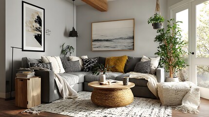 Luxury living room interior design with fireplace, sofa, and furniture in a modern house with wood floor and window