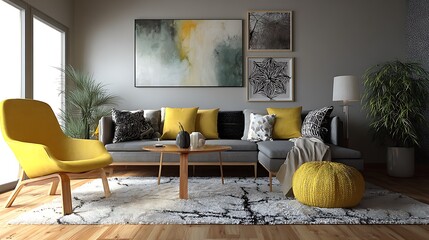 Luxury living room interior design with fireplace, sofa, and furniture in a modern house with wood floor and window