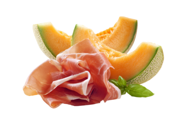Sweet cantaloupe melon slices paired with delicate prosciutto ham and fresh mint leaves