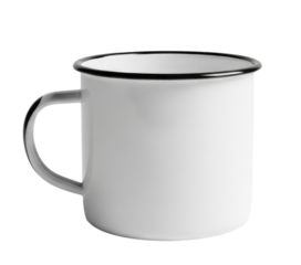 White enamel mug with black rim transparent background cutout png