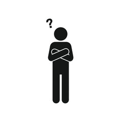 Obraz premium A black stick figure stands with arms crossed and a question mark above its head, symbolizing confusion, doubt, or a query.