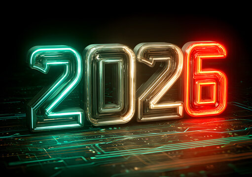 Bright futuristic neon numbers 2026 glow against dark background with circuit lines and light trails