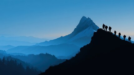 Silhouette of the team on the mountain. Leadership Concept.