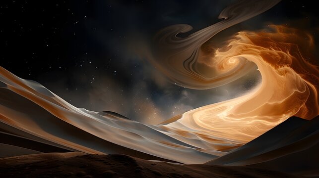 Abstract desert dunes blending with swirling cosmic waves under a dark star-filled night sky.